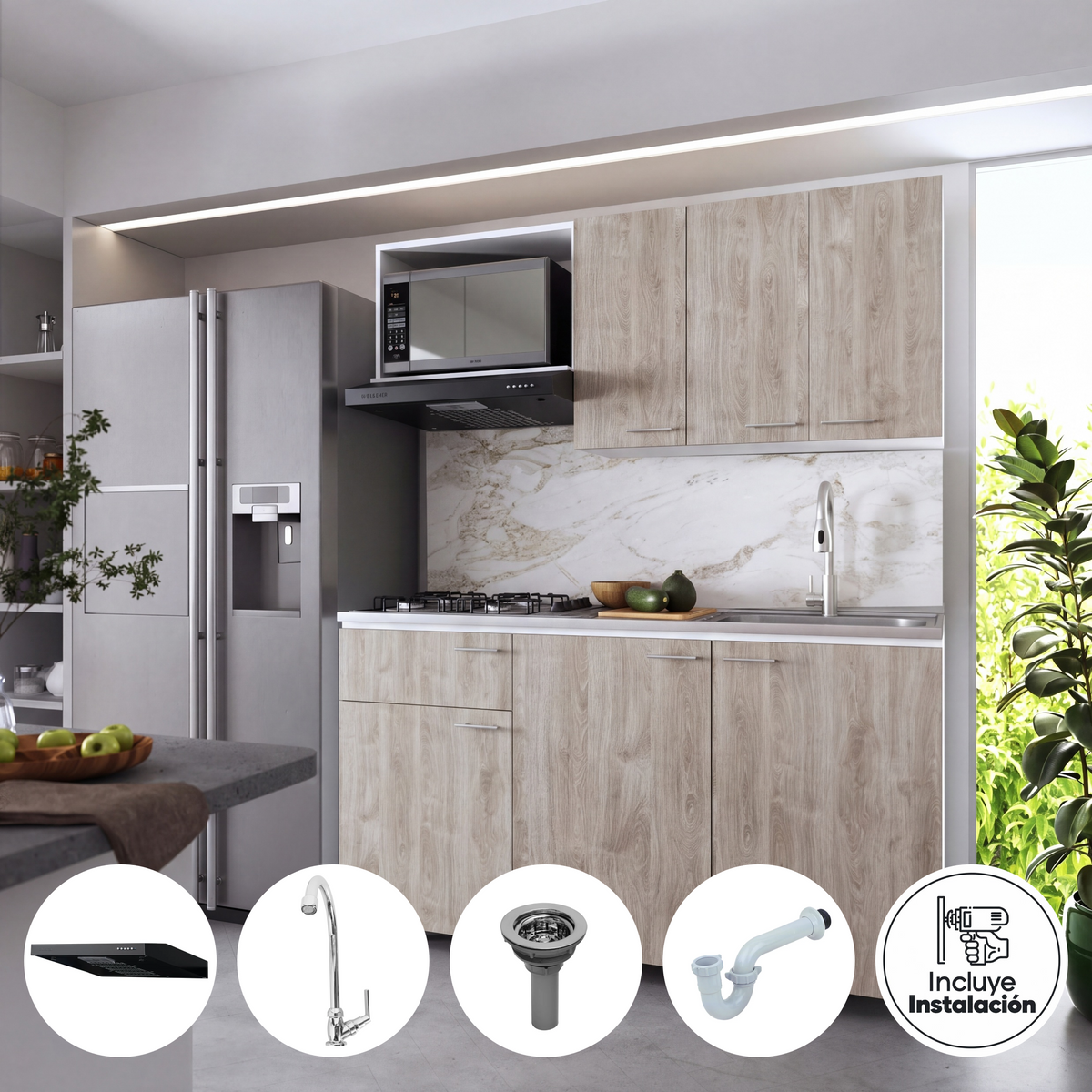 Combo Cocina Amalfi Salvia 1.50m + Grifería + Campana + Instalación