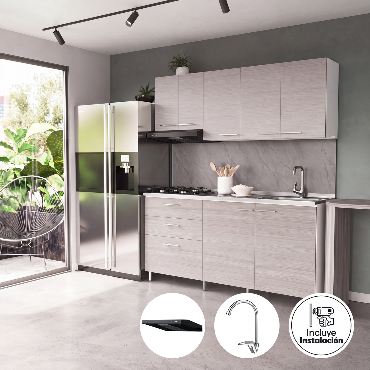 Combo Cocina Girona Almendra 1.80m + Grifería + Campana + Instalación