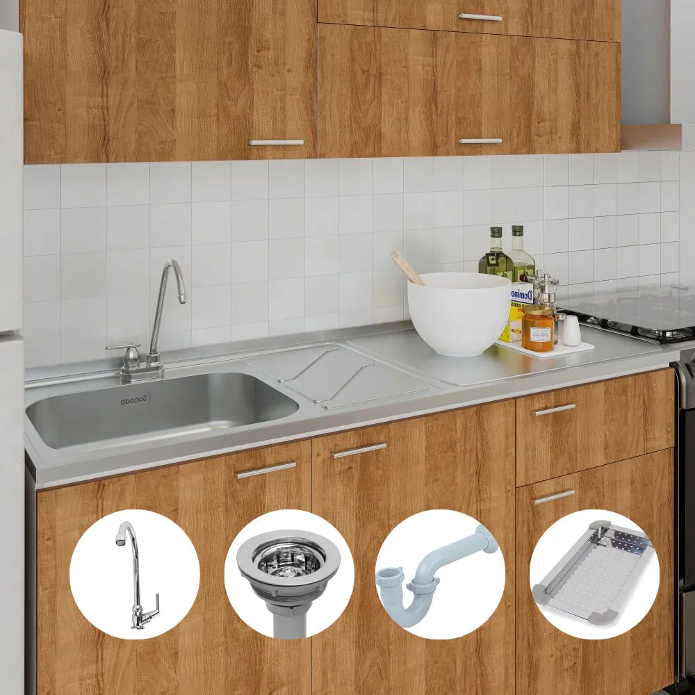 Combo Mesón 1.50m x 52cm Liso + Grifería + Escurridor + Canastilla y Sifón