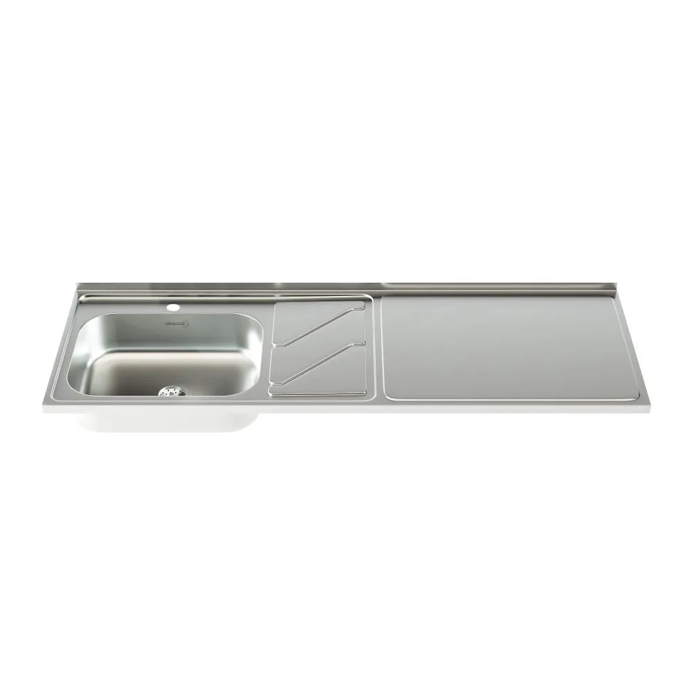 Combo Mesón 1.50m x 52cm Liso + Grifería + Escurridor + Canastilla y Sifón