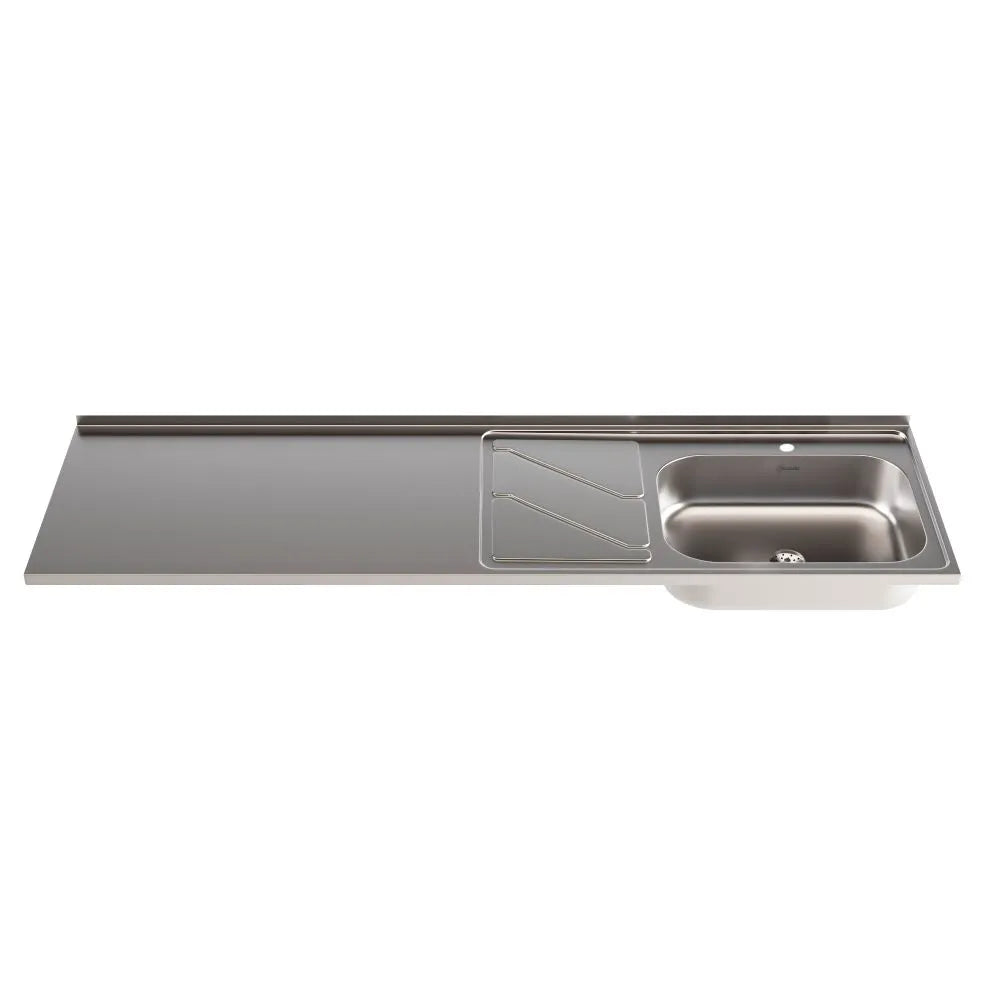 Combo Mesón 1.80m x 52cm Liso + Grifería + Escurridor + Canastilla y Sifón